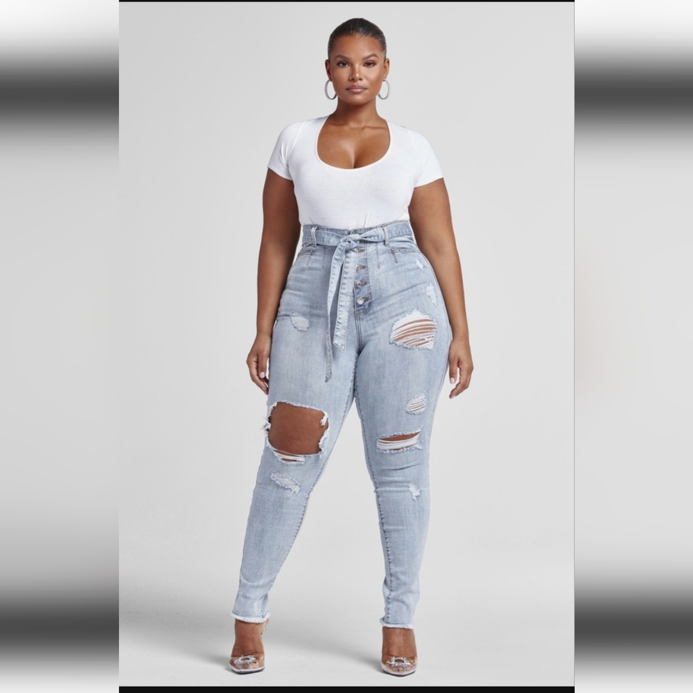 Fashion to Figure Ultra High Rise Tie Waist Destructed Jeans